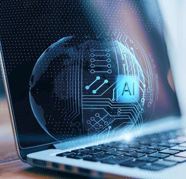 AI security concept showing a digital globe with circuit patterns and &ldquo;AI&rdquo; interface overlay on a laptop keyboard, representing cybersecurity and data protection.