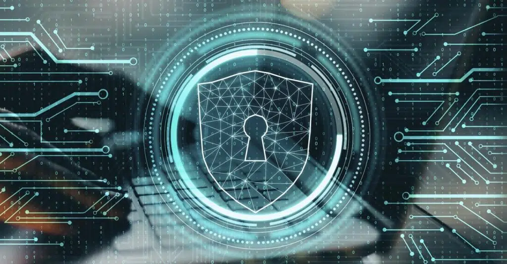 Futuristic cybersecurity graphic with a digital lock and network patterns, illustrating AI-powered security. Text reads: ‘Safeguarding your organisation with AI security.