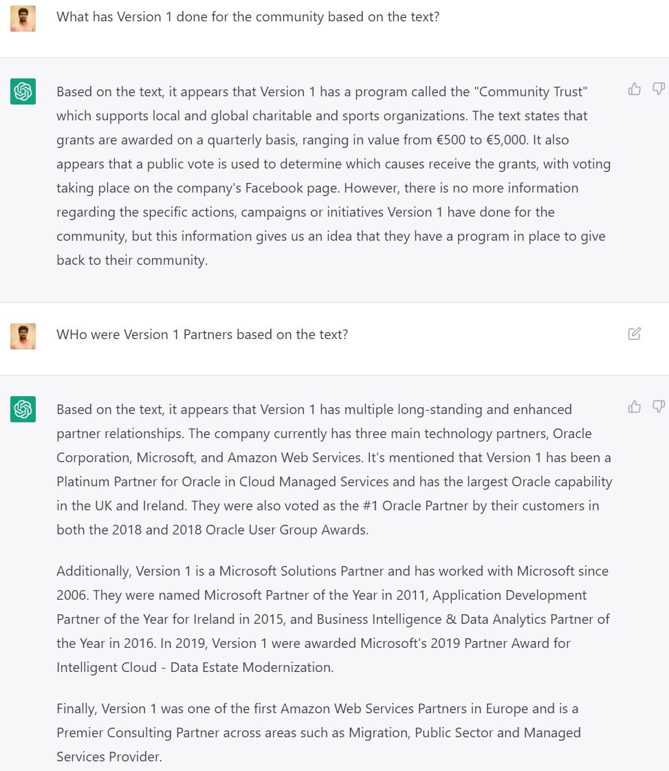 This image shows the answers provided by ChatGPT when Rohit (the author) asked about Version 1 Community First initiatives and Technology Partners