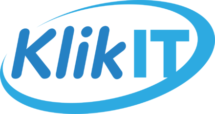 The image shows a corporate-style logo on a transparent background. The logo consists of the text “Klik IT” rendered in shades of blue. The letters in “Klik” are rounded and slightly italicized, while “IT” is displayed in a thicker, block-like typeface. A large blue swoosh forms an elongated oval around the text, starting at the lower left, sweeping upward across the top, and curving around the right side before returning underneath. The design conveys motion, connectivity, and technology, with a clean, modern appearance.