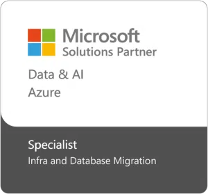 Microsoft Solutions Partner badge for Data & AI on Azure, highlighting a Specialist certification in Infrastructure and Database Migration.