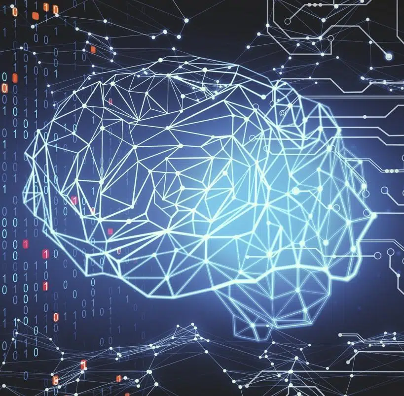 Futuristic digital illustration of a human brain formed by interconnected lines and nodes, surrounded by binary code and network patterns, representing AI security, data processing, and cyber intelligence.