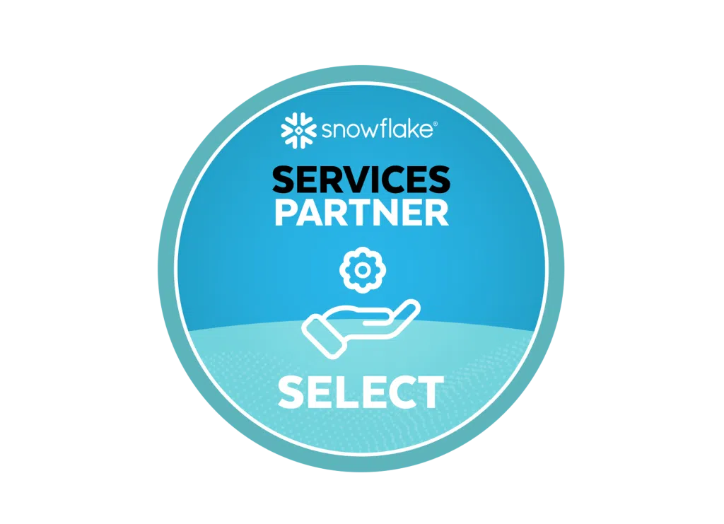 A branded badge graphic for Snowflake is shown, featuring a circular blue gradient design. At the top, the Snowflake logo and name appear in white. The central text reads “SERVICES PARTNER”, with a clean, bold font. Below that, a simple line icon depicts a hand holding a small gear, symbolizing support or service capabilities. At the bottom of the badge, the word “SELECT” indicates the partner tier level. The overall design uses shades of blue and white, with subtle dotted patterns and curved accents, giving it a modern, polished, and enterprise-focused appearance.