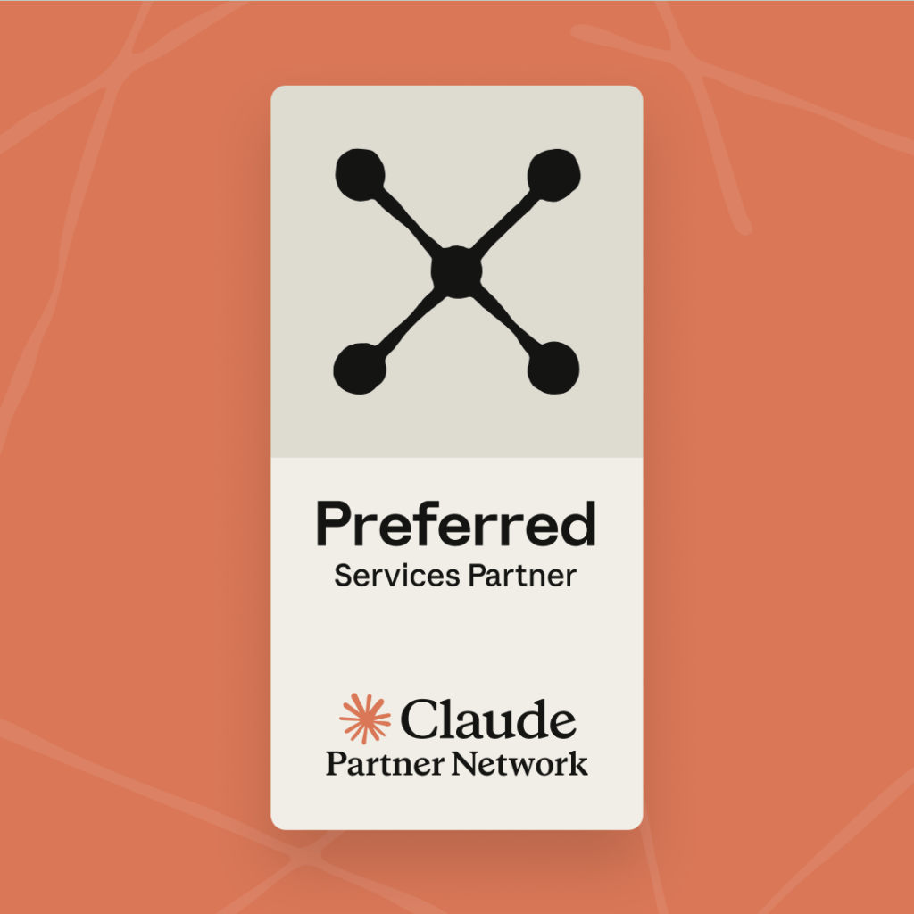 The Claude Partner Network Preferred Services Partner badge features a black connected-node symbol at the top, representing collaboration and expertise. Beneath it, the words "Preferred Services Partner" appear in bold black text. At the bottom, the Claude Partner Network logo combines an orange starburst icon with the text "Claude Partner Network" in black on a light grey background, all set within a rounded rectangular badge.