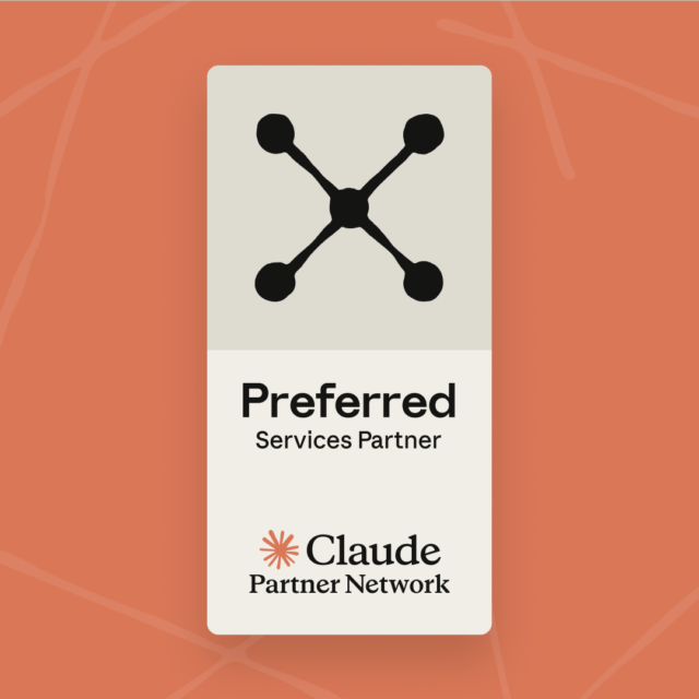 The Claude Partner Network Preferred Services Partner badge features a black connected-node symbol at the top, representing collaboration and expertise. Beneath it, the words "Preferred Services Partner" appear in bold black text. At the bottom, the Claude Partner Network logo combines an orange starburst icon with the text "Claude Partner Network" in black on a light grey background, all set within a rounded rectangular badge.