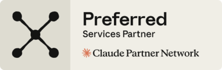 Claude Preferred Services Partner badge featuring the Claude AI logo in orange alongside the 'Preferred Services Partner' designation, recognising an accredited partner for Claude AI services and solutions.