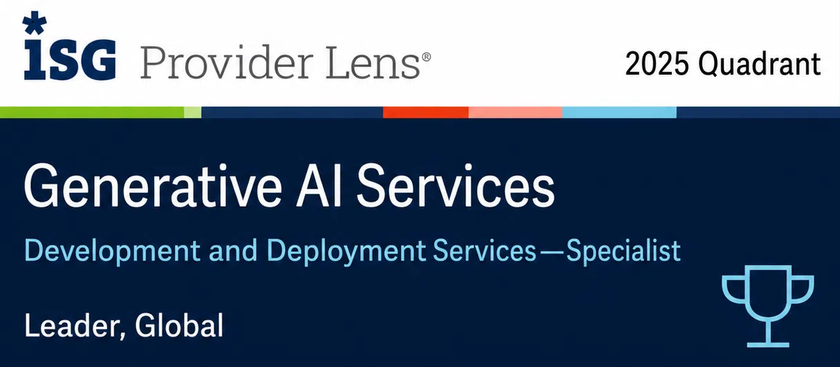 ISG Provider Lens 2025 Quadrant recognition graphic for Generative AI Services. The graphic highlights the category “Strategy and Consulting Services—Specialist” and ranks the provider as a “Leader, Global.” The design features the ISG Provider Lens logo at the top, a dark blue background, large white and light-blue text, a multicolored accent bar, and a trophy icon in the lower-right corner.