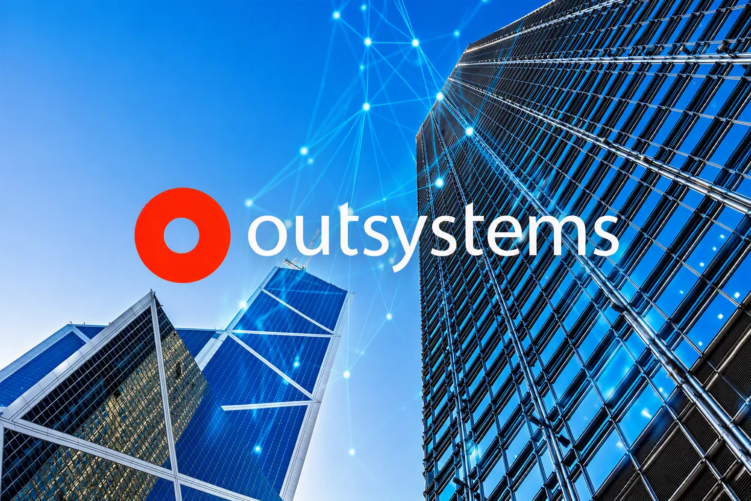 OutSystems logo displayed in front of modern glass skyscrapers viewed from a low angle. A reflective high-rise tower dominates the right side of the image, while angular office buildings rise on the left. Blue digital network lines and glowing connection points overlay the sky, representing cloud technology, application development, digital transformation, and enterprise connectivity.