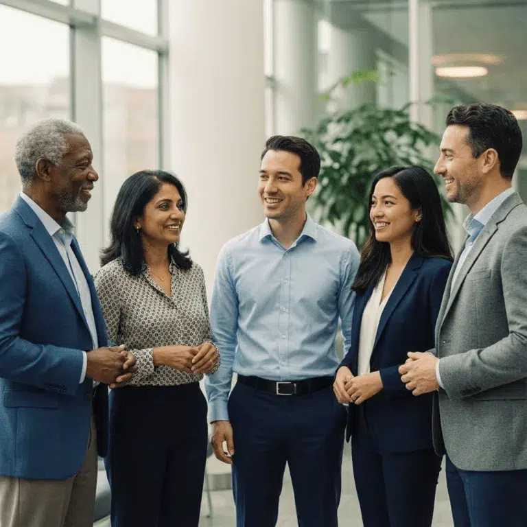 A group of professional people in an open plan office