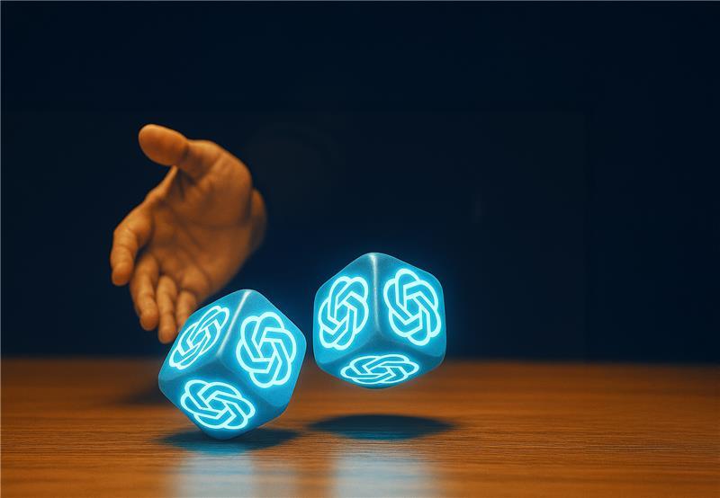 Hand rolling dice with AI logo on them