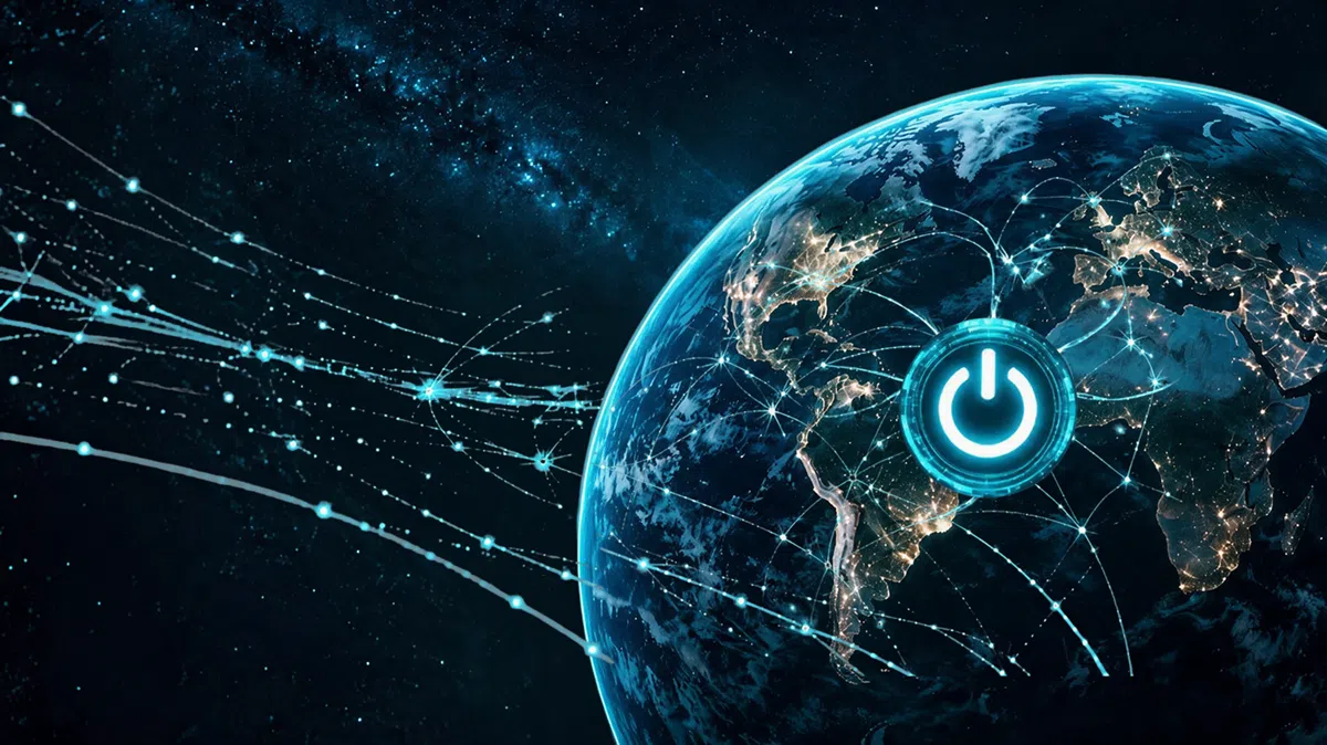 Digital illustration of Earth viewed from space with glowing network connections spanning continents. A large illuminated power button icon overlays the globe, symbolising control, connectivity, technology infrastructure, AI systems, or the ability to switch digital services on and off. The background features a dark star-filled cosmos with bright data streams extending across the image.