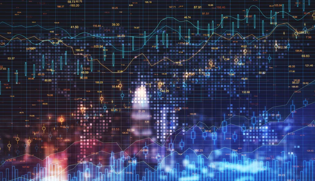 Abstract financial data visualisation showing multiple stock market charts, trend lines and candlestick graphs overlaid on a glowing city skyline. Blue and orange data points, numerical values and grid lines represent analytics, market performance, business intelligence, forecasting and digital transformation technology.