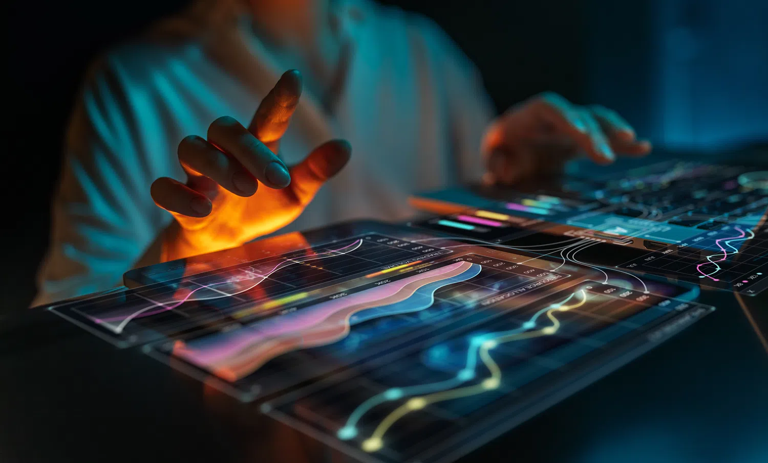 Person interacting with a digital analytics dashboard displaying real-time data visualisations, charts and performance metrics on a touchscreen interface.