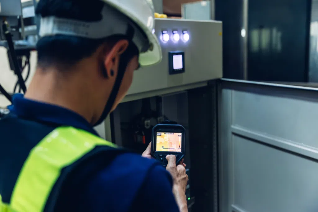 Technician wearing a hard hat and high-visibility vest uses a handheld thermal imaging camera to inspect an open electrical control panel. The thermal display highlights heat patterns within the equipment, illustrating a preventive maintenance and safety