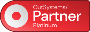 OutSystems Platinum Partner badge featuring a white circular OutSystems logo on a red gradient background with the text "OutSystems Partner Platinum".
