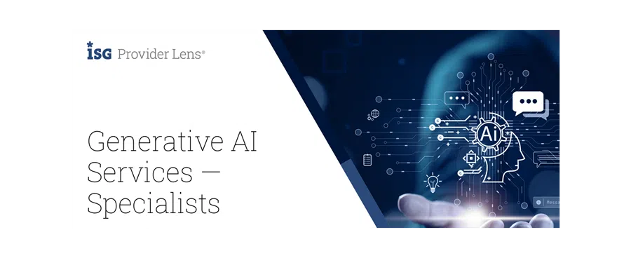 Cover image for the ISG Provider Lens report Generative AI Services – Specialists, featuring a hand holding a digital AI interface with