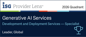 ISG Provider Lens 2026 Quadrant graphic showing Version 1 recognised as a Global Leader in Generative AI Services for Development and Deployment Services – Specialist, featuring a trophy icon on a dark blue background.