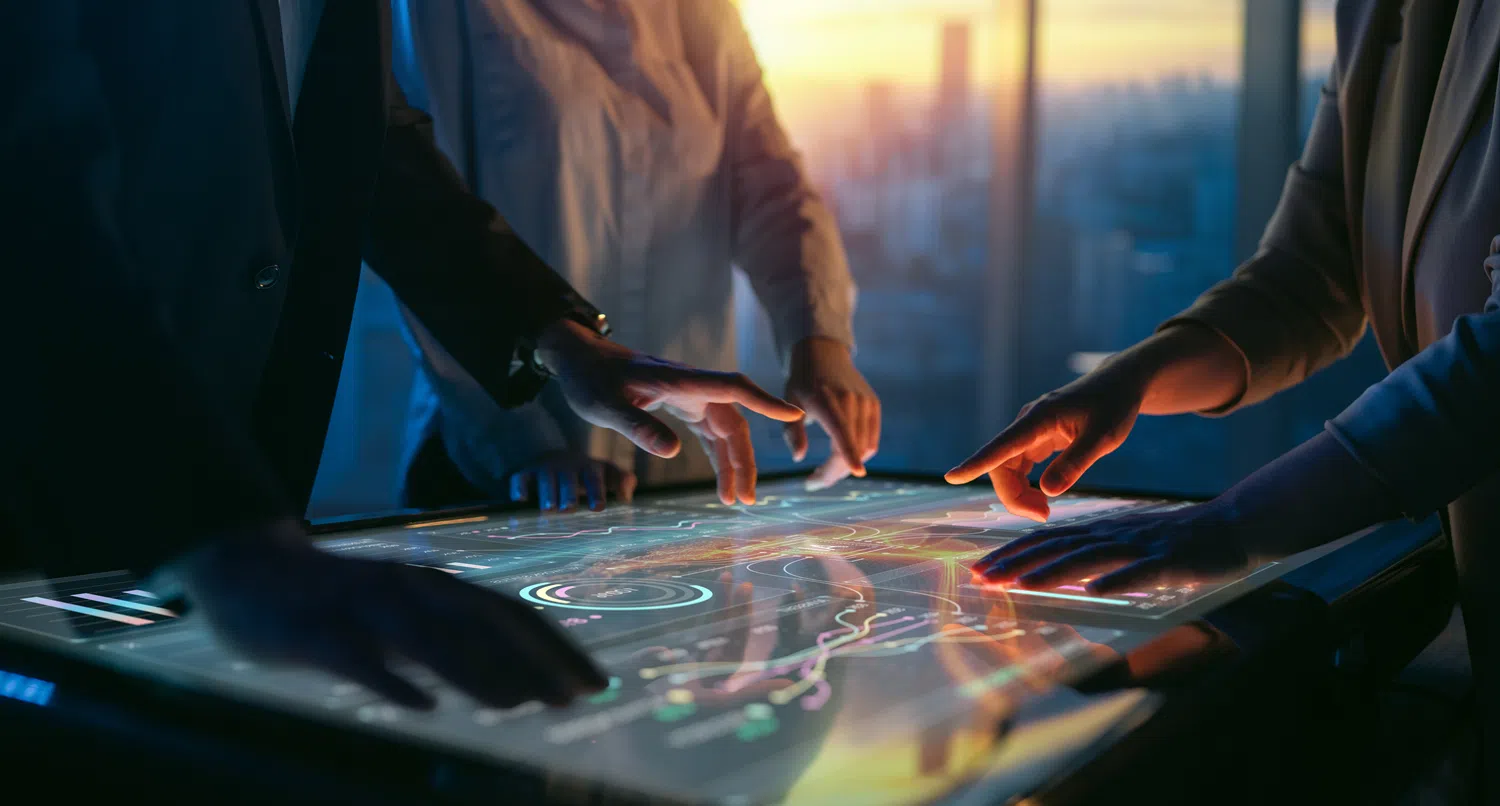 Business professionals collaborating around an interactive digital touchscreen table, reviewing data visualisations and analytics dashboards in a modern office with a city skyline visible at sunset.