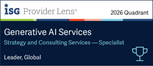 ISG Provider Lens 2026 Quadrant recognition graphic showing Version 1 named a global Leader in Generative AI Services for Strategy and Consulting Services – Specialist category, with a trophy icon on a dark blue background.